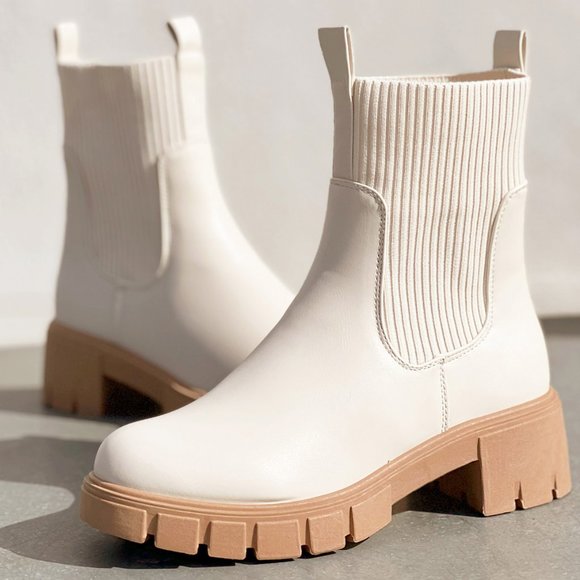 Qupid Shoes - NEW Off White Chunky Lug Sole Platform Elastic Sock Ankle Chelsea Bootie Boots